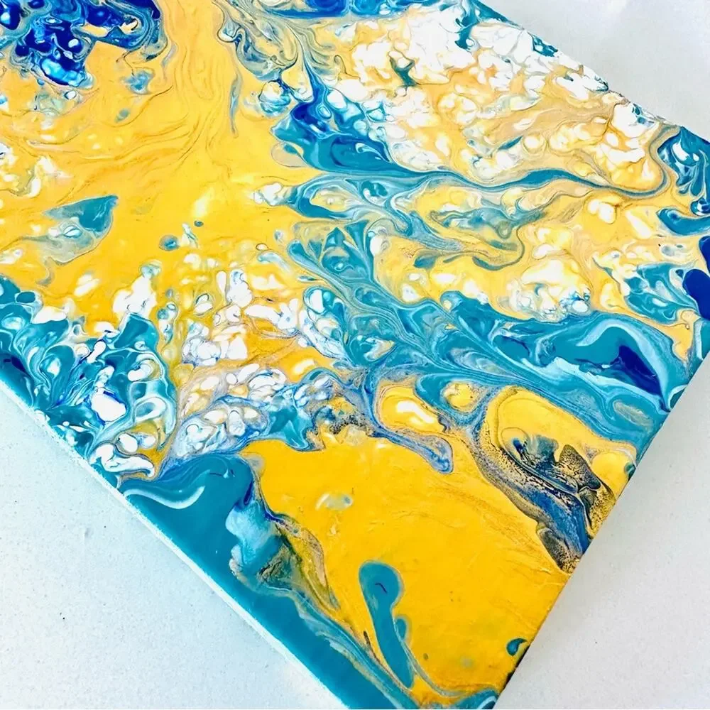 Metallic Gold White Turquoise Blue Abstract Painting Original Art Wood Square